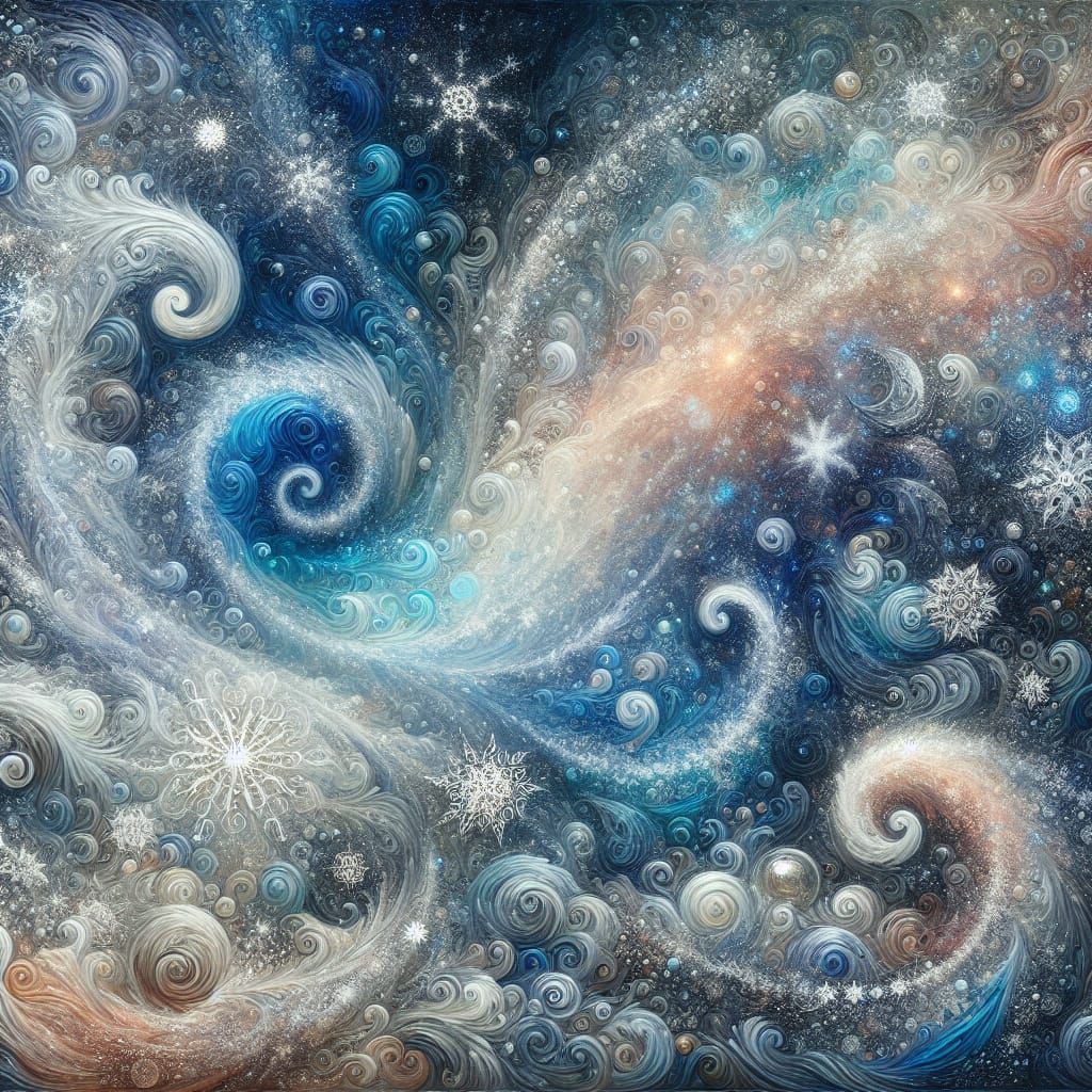 Swirling Blue and Silver Snowflakes in Oil Paint