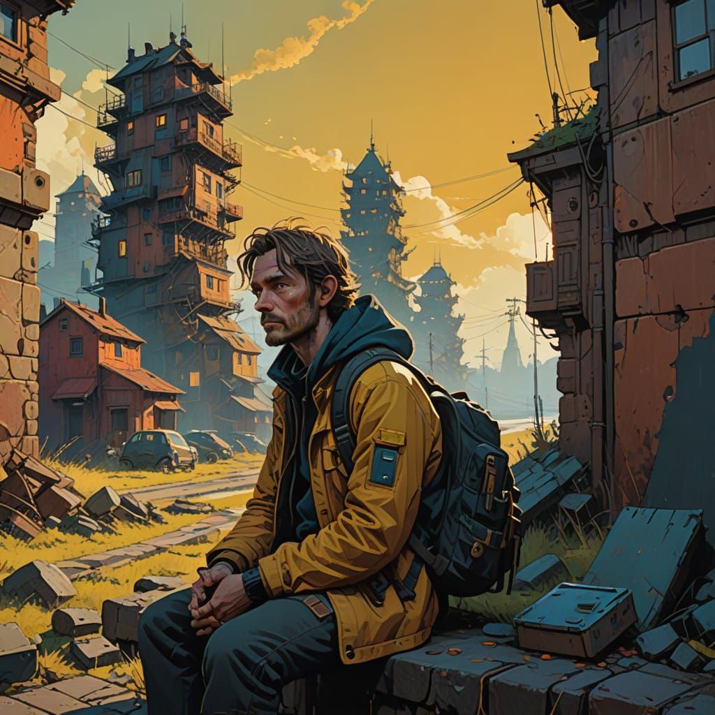 Weary Traveler Contemplates a Vast, Hyperrealistic Cityscape