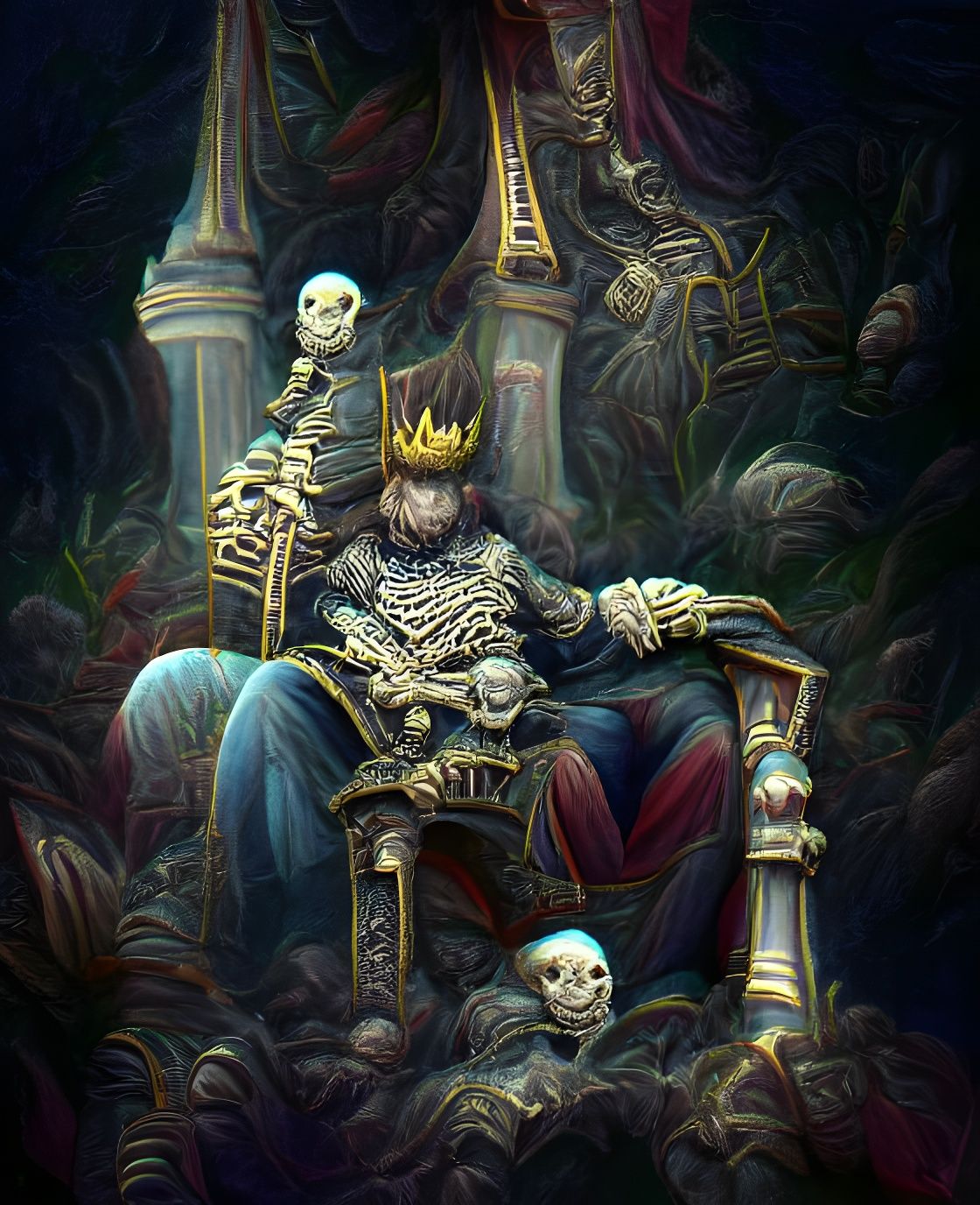 Skeleton King on Throne, Doré-Inspired Dark Art