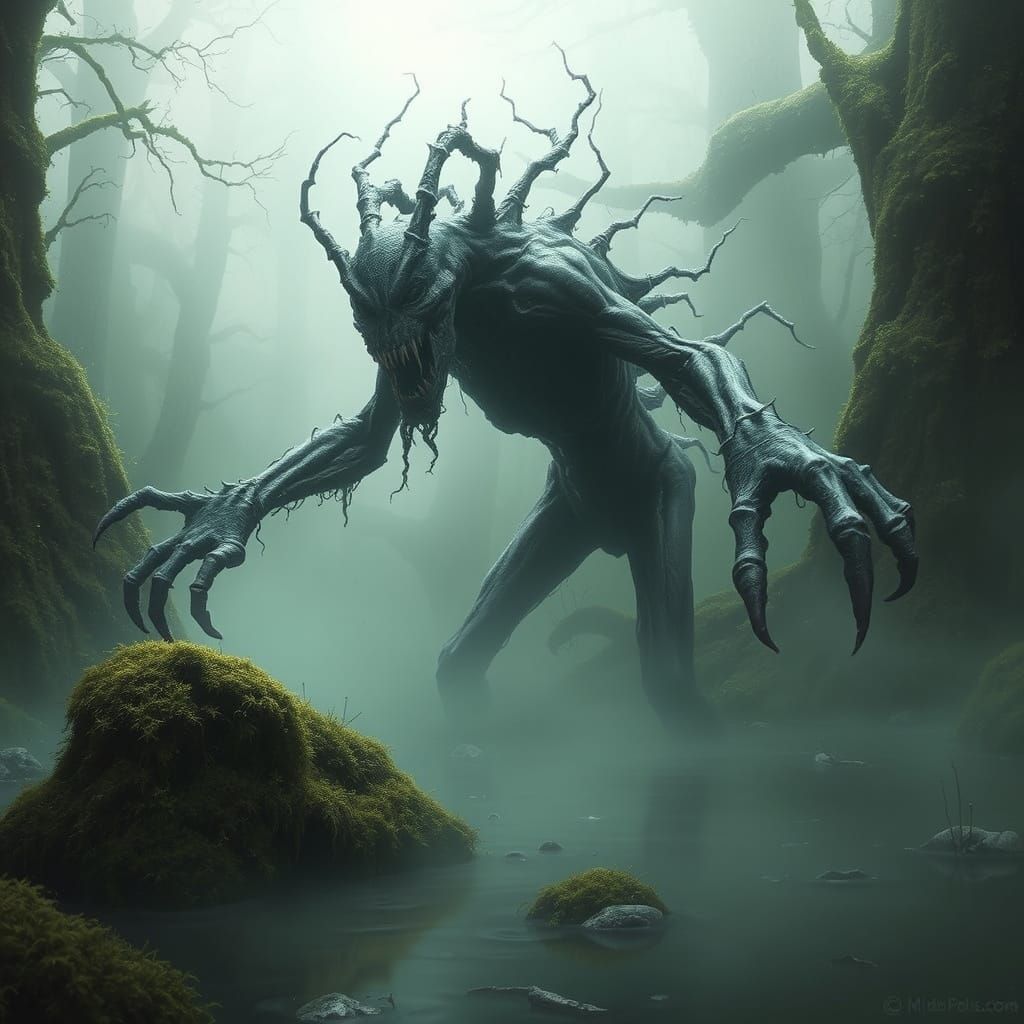 Swamp Creature Emerges in Dark Gothic Horror Style