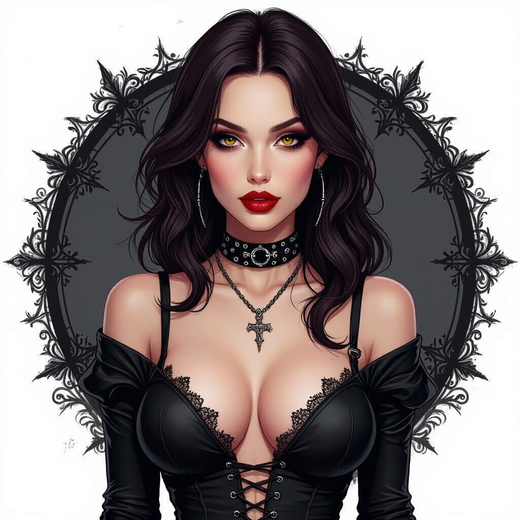 Gothic Punk Woman with Brunette Hair and Low-Cut Top