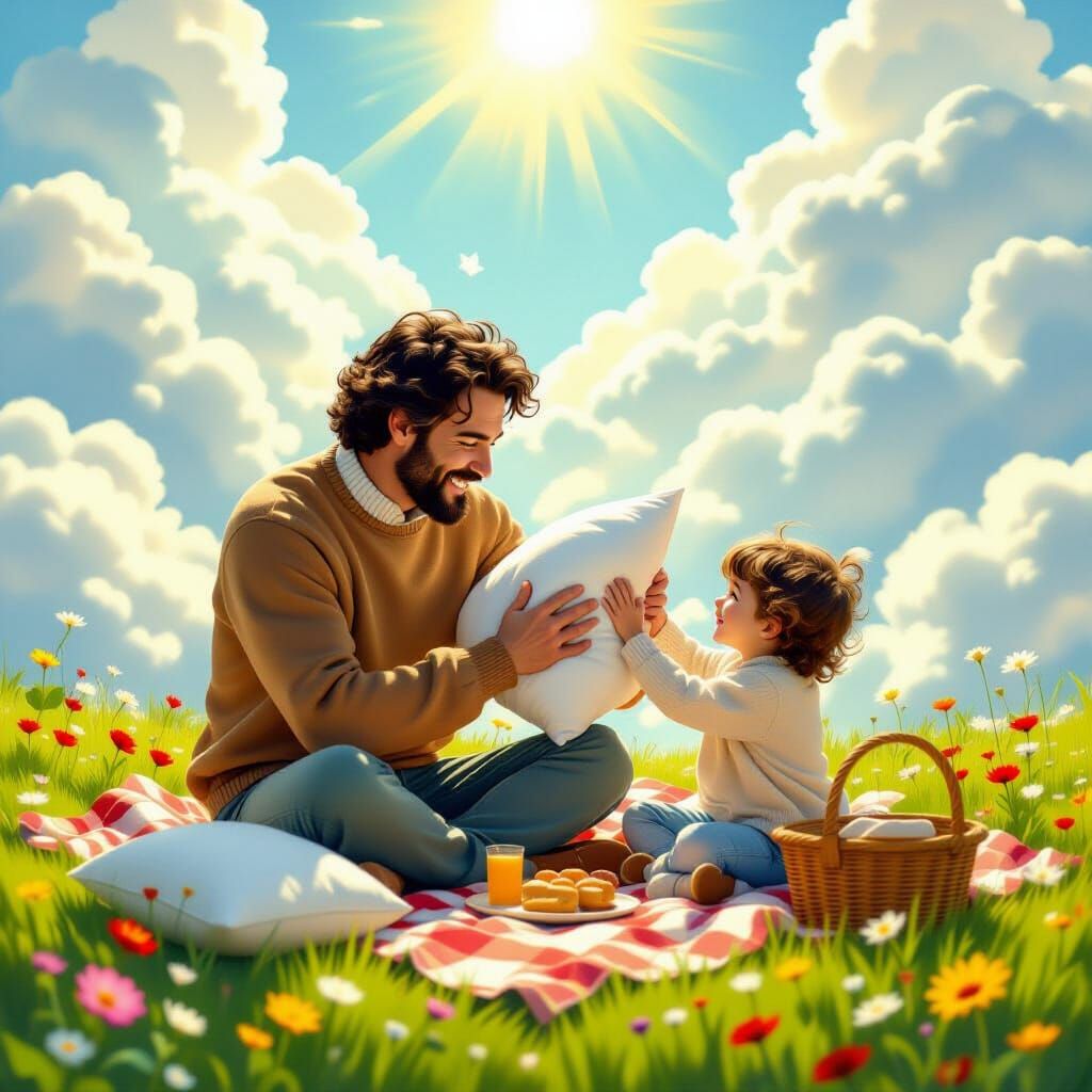 Heavenly Picnic: Father and Child Pillow Fight, Surrealist P...