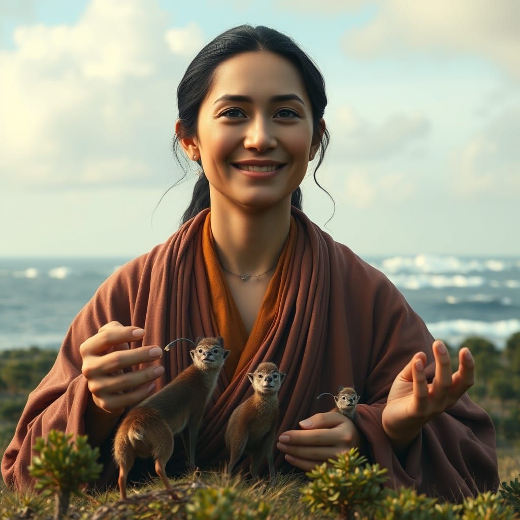 Serene Goddess Interacting with Tiny Creatures in a Turbulen...