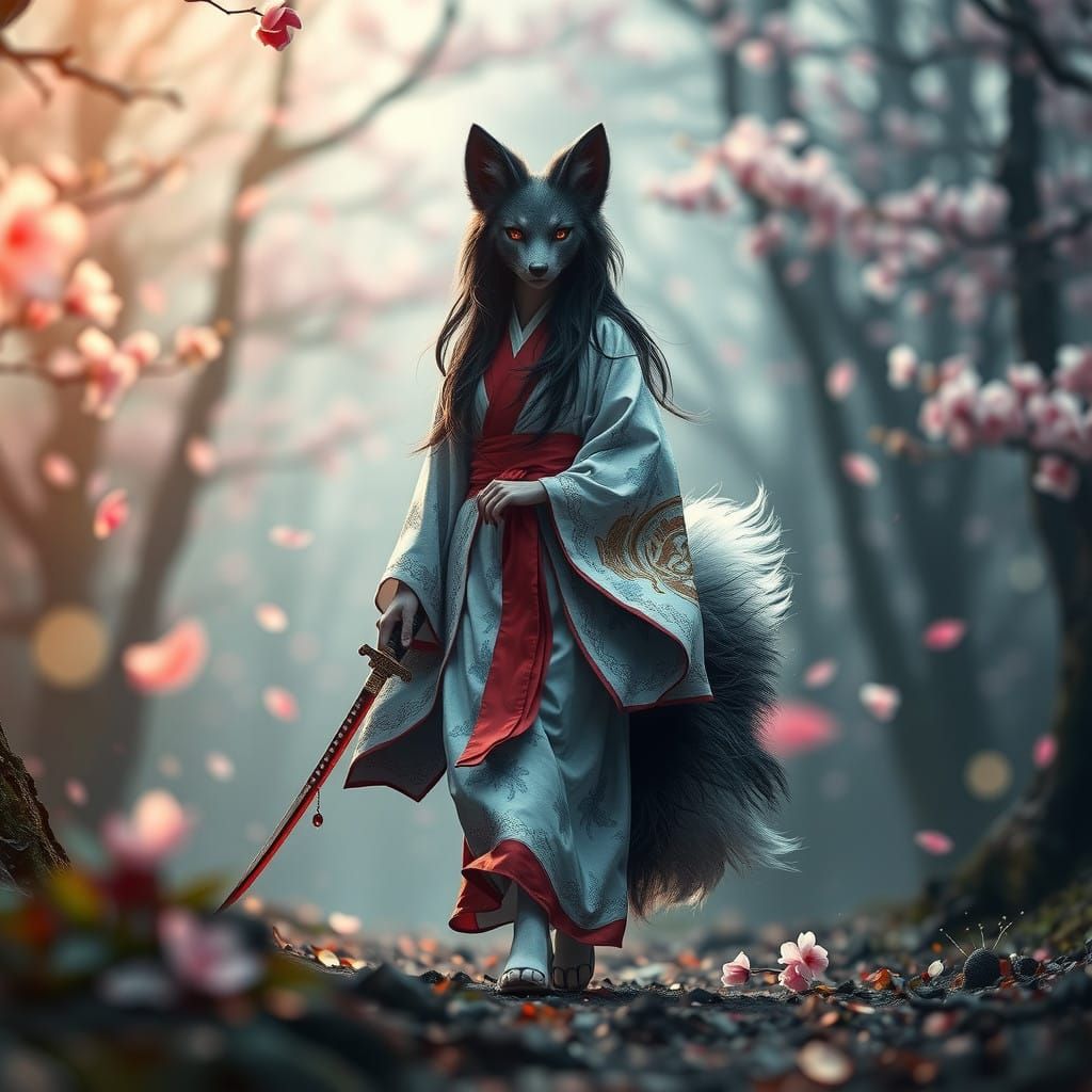 Majestic Kitsune in Cherry Blossom Forest with Elemental Tai...