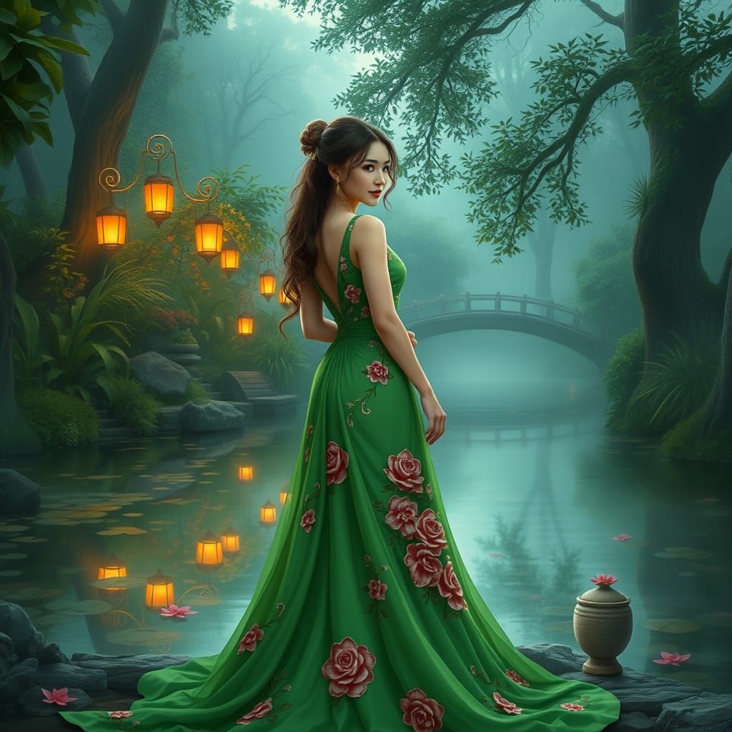 A serene woman in a vibrant green gown adorned with floral details, stands by a tranquil pond surrounded by lush foliage...