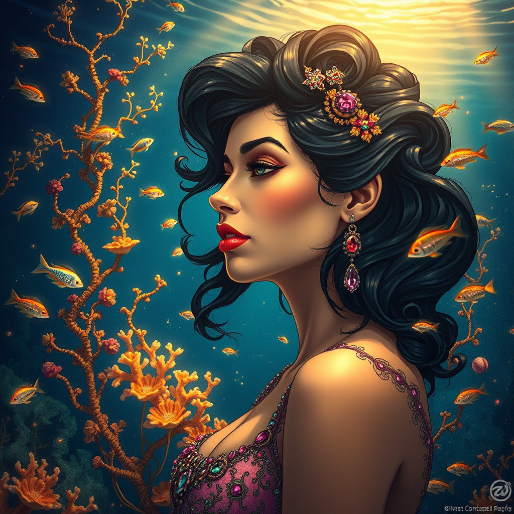 Art Nouveau Underwater World with Flowing Lines