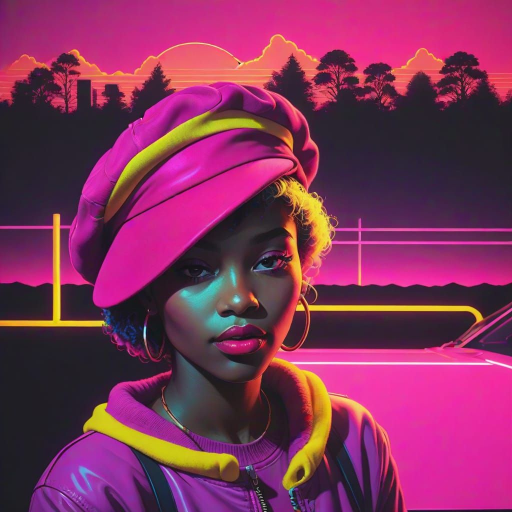 Black Woman in Raspberry Beret: Synthwave Neon Portrait