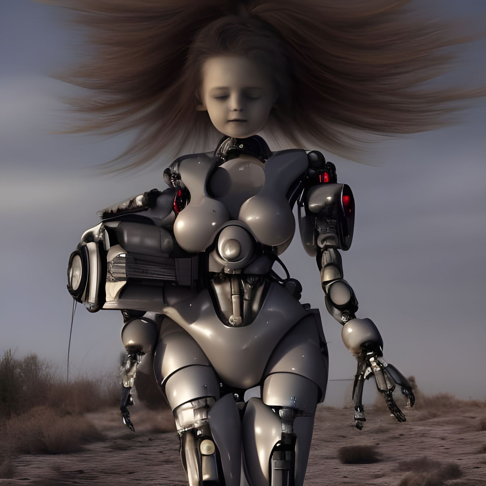 Sad Robot Girls in Wasteland: Holographic Illustration