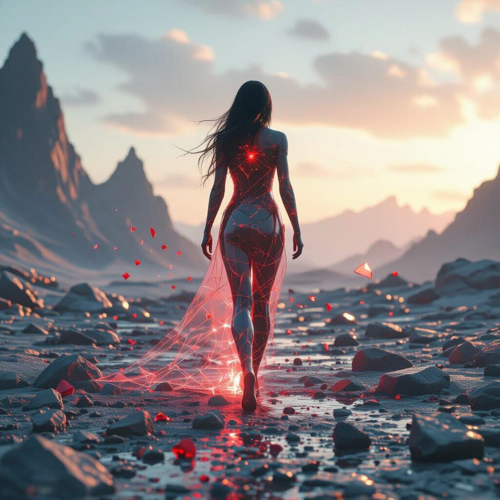 Crystalline Woman Strides Across Rocky Terrain