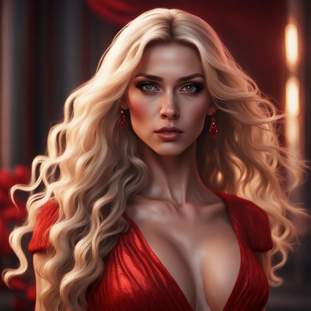 Blonde Woman in Red Dress: Fantasy Concept Art