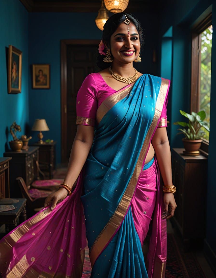 Glamorous Indian Woman in Vibrant Pink Blue Sari