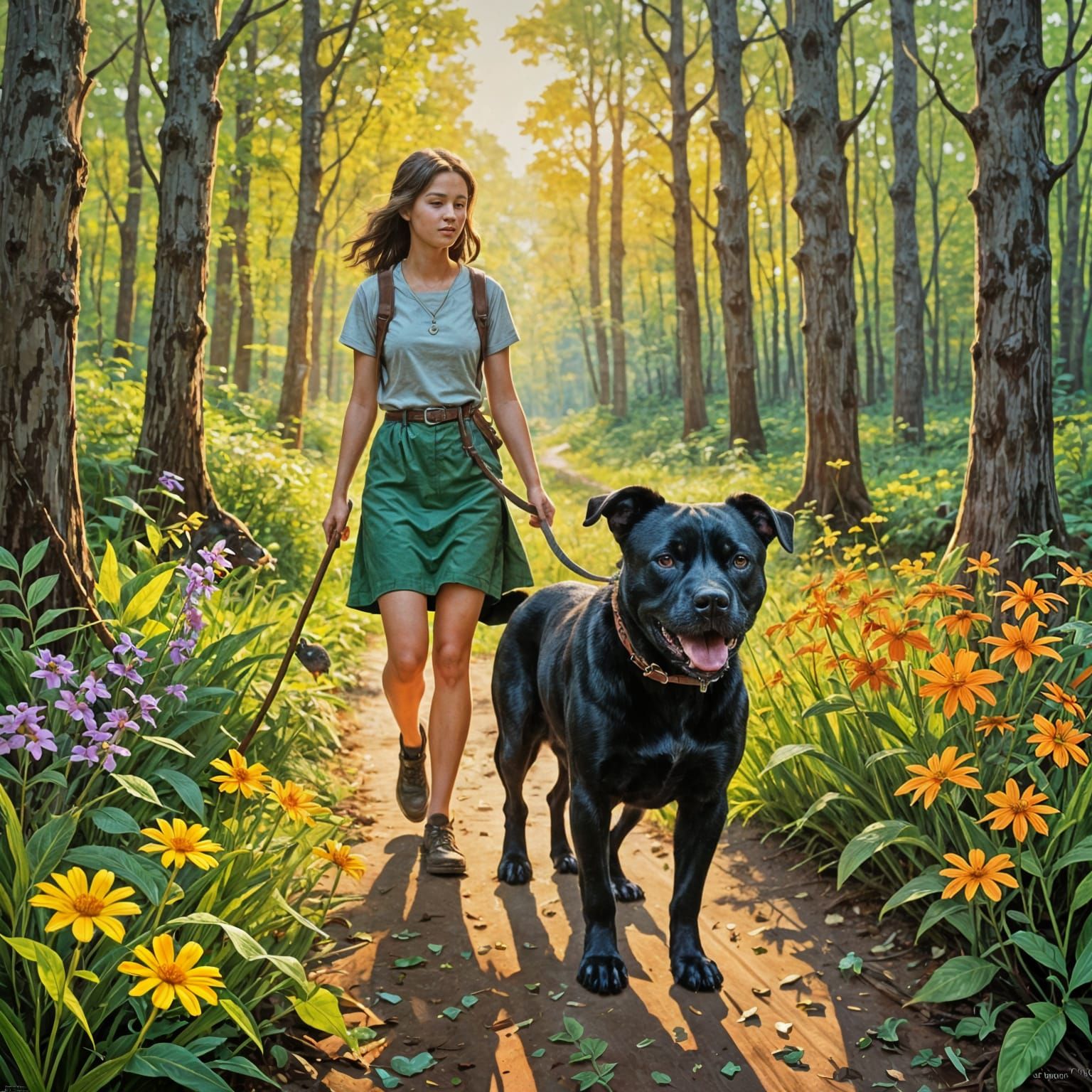 A Teenage Girl and Her Loyal Pitbull in a Whimsical Forest S...