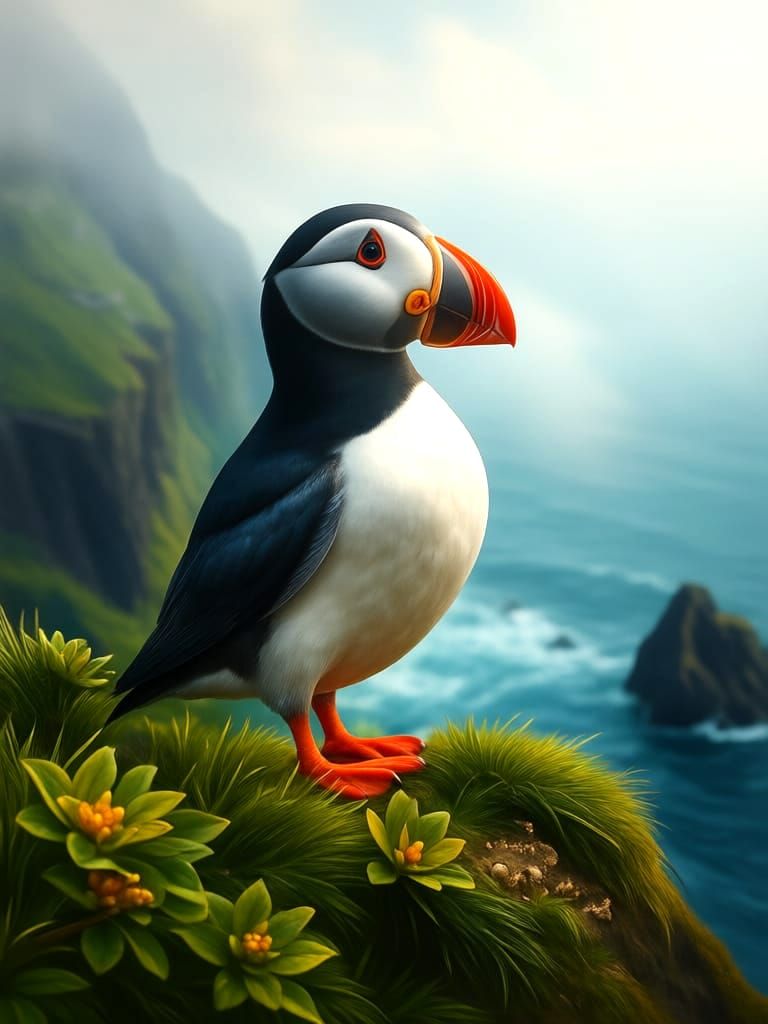 Majestic Puffin King in Mist, Impressionistic Oil Painting