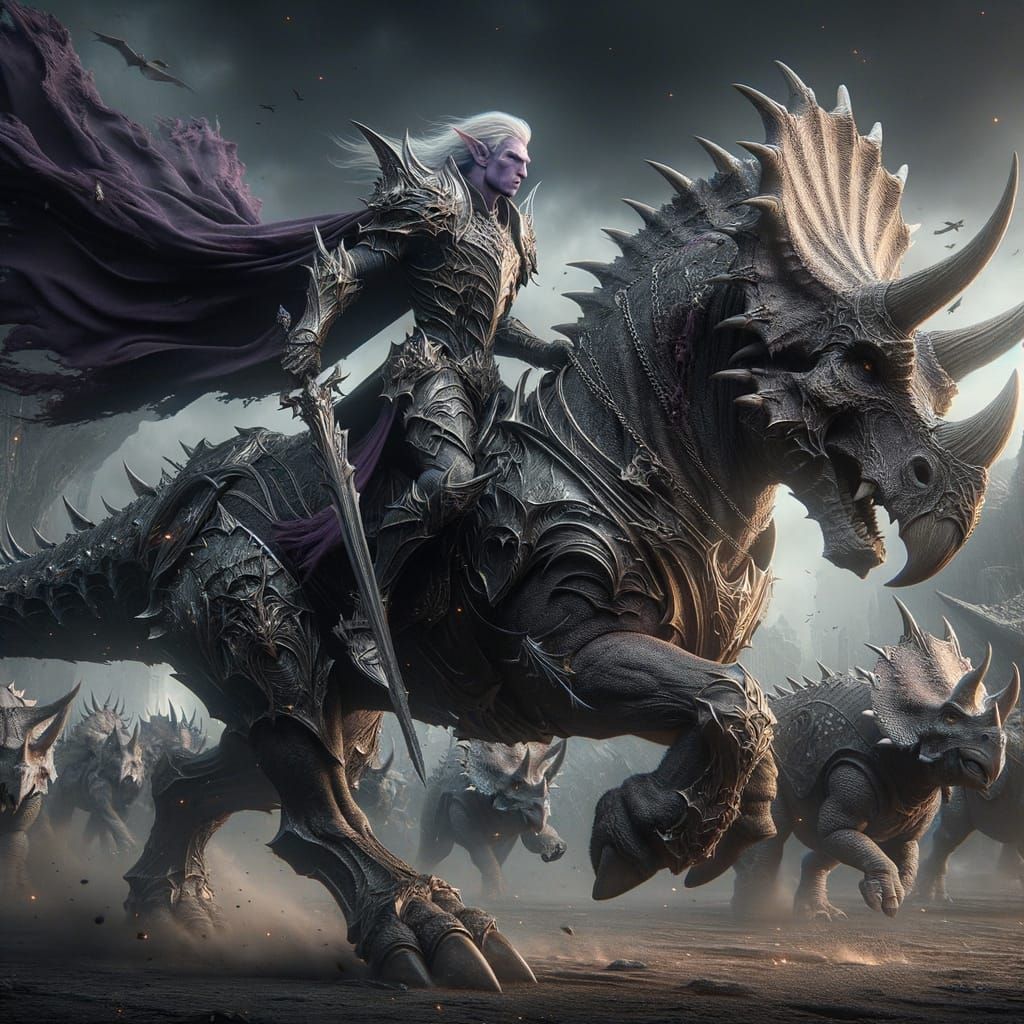 Dark Elf Knight Rides Armored Triceratops into Battle