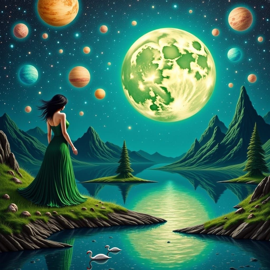 Woman on Alien Lake: Impasto Sci-Fi Art