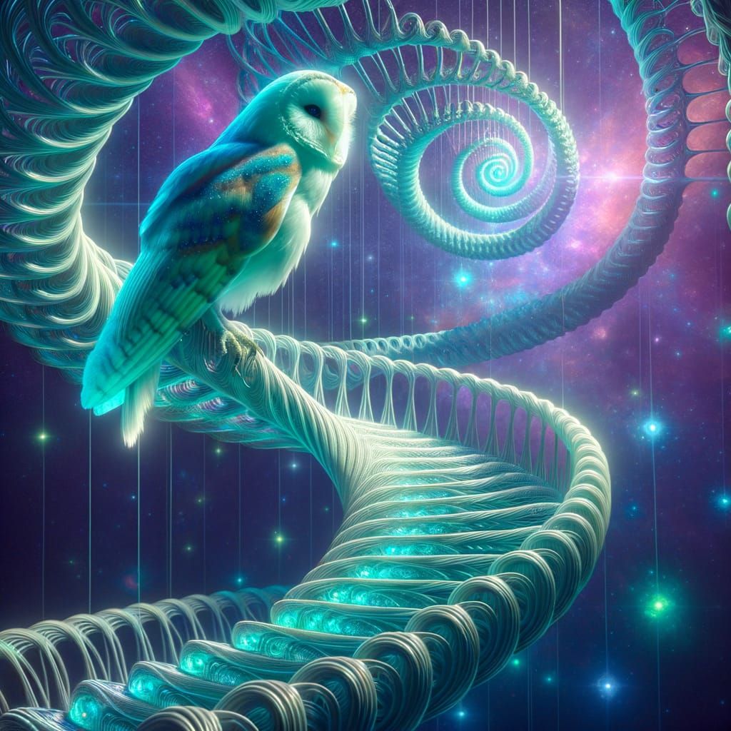 Translucent Owl on Luminous Vine Staircase in Nebula