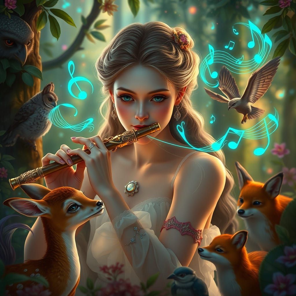 Ethereal Flute Player in Lush Fantasy Forest Scene