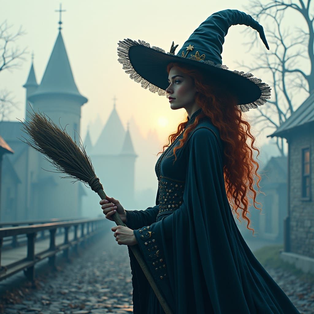 Mystical Witch Silhouette in Fantasy Landscape