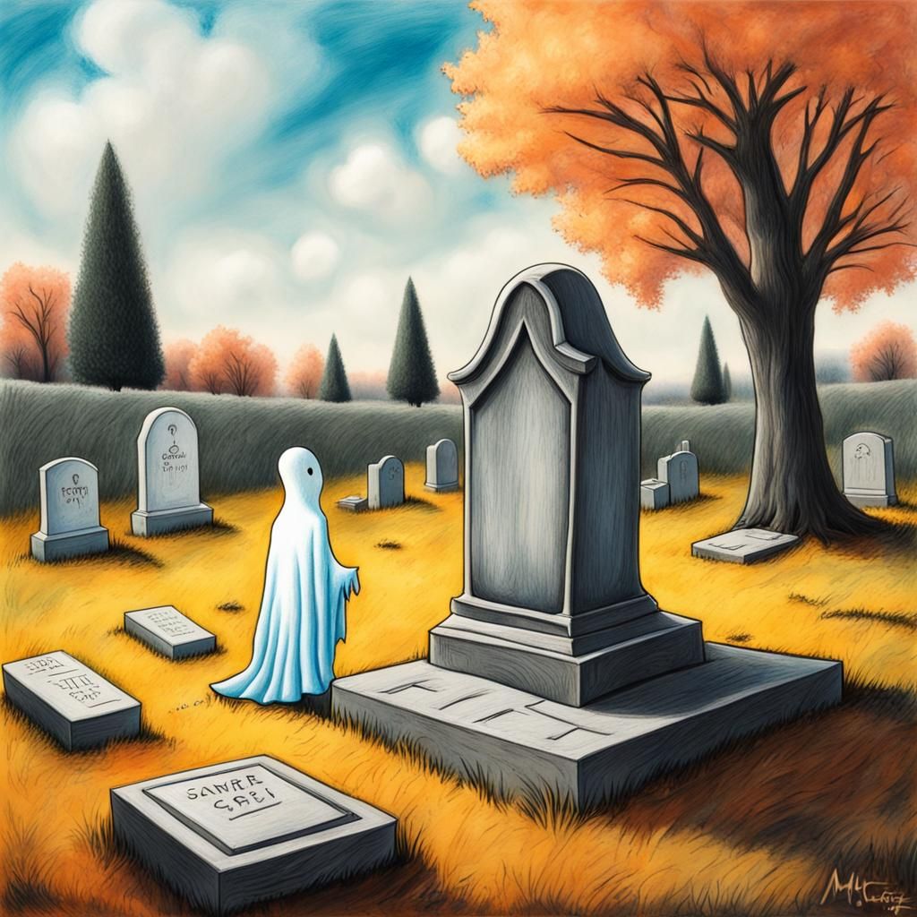 Casper Visits Graveyard: Surreal Charcoal Art