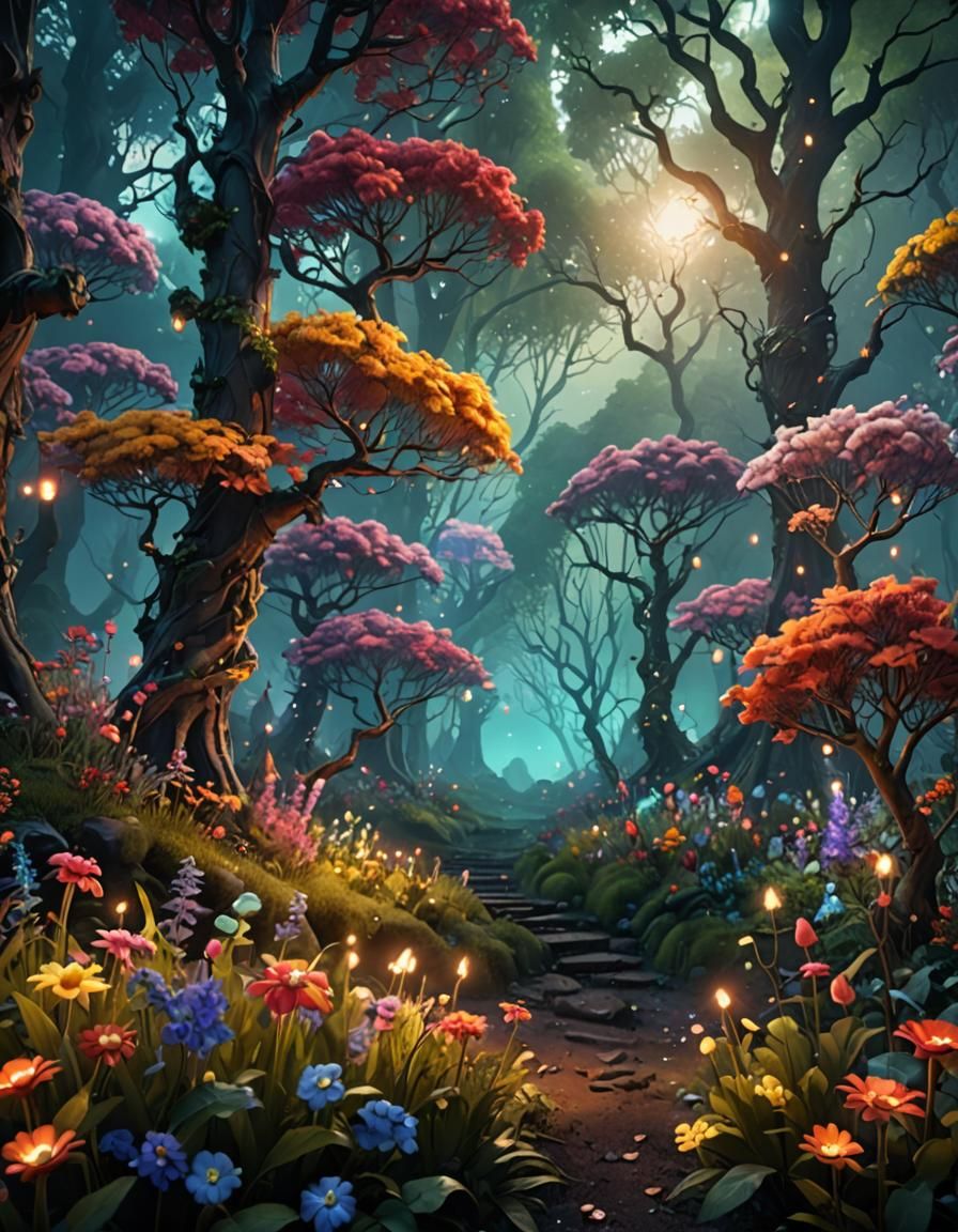 Mystical Forest with Flowers, Lights, and Colored Smoke