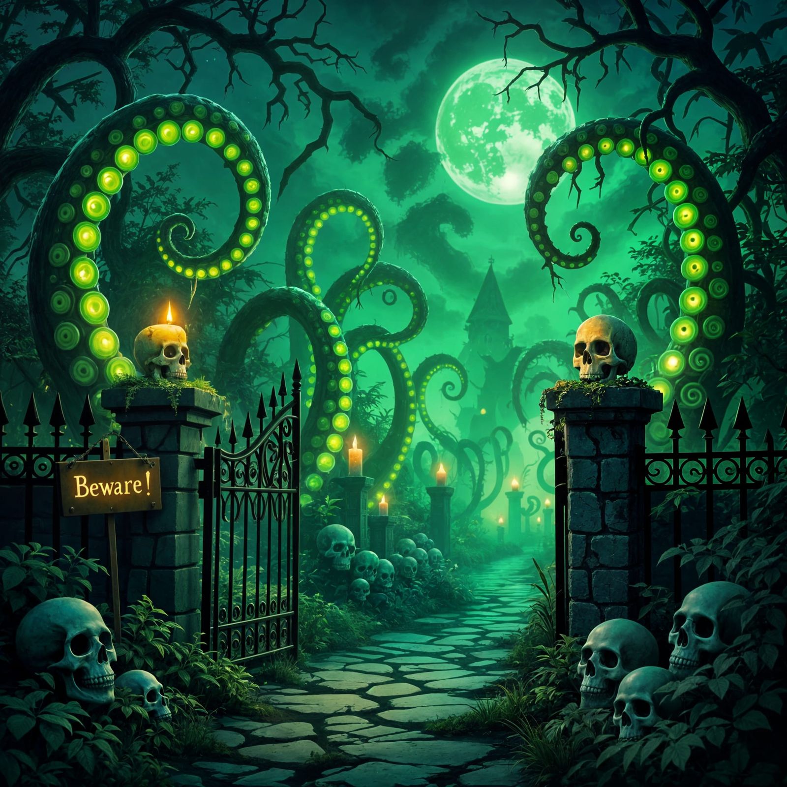 Sinister Fantasy Garden with Glowing Tentacle Plants