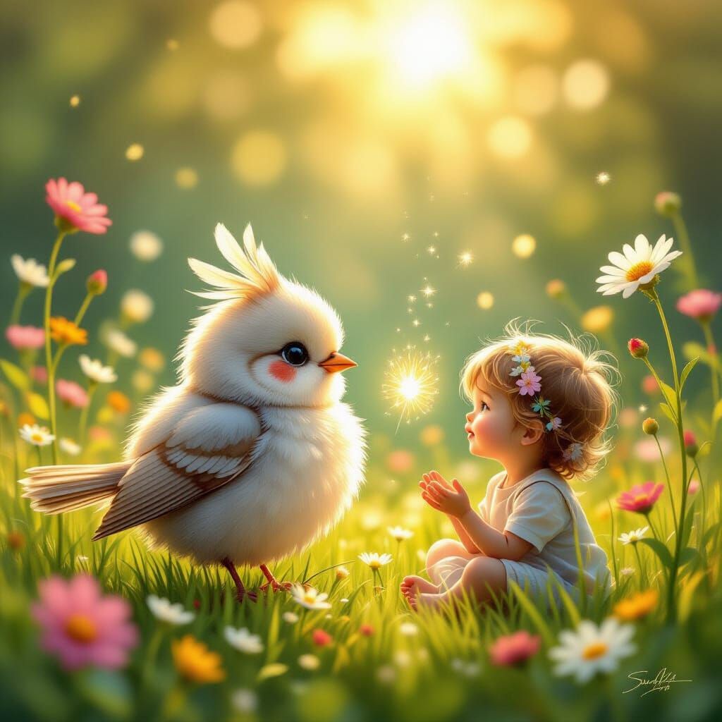 Fluffy Bird Delivers Glowing Seed to Child in Meadow