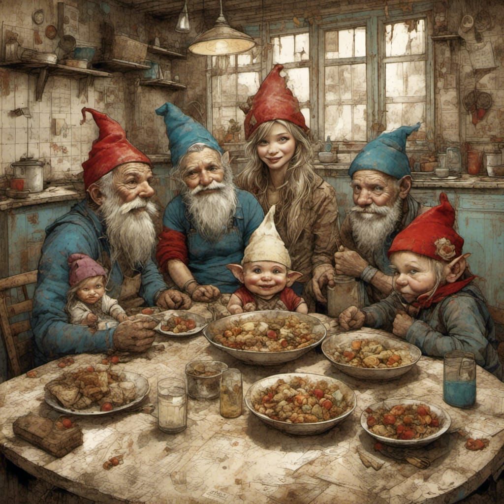 Gnome Family Dinner in Grunge-Poster Style