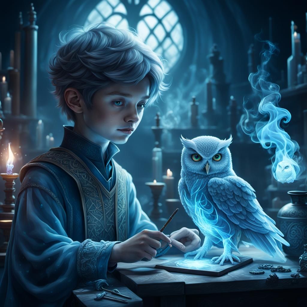 Magical Alchemist Boy with Ghostly Owl Portrait