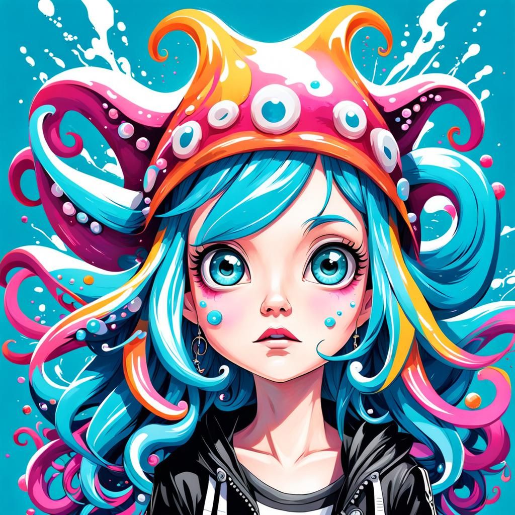 Cute squid girl with aqua blue squid tentacles as hair, white eyes, pale skin, freckles, and a punk rock appearance, but...