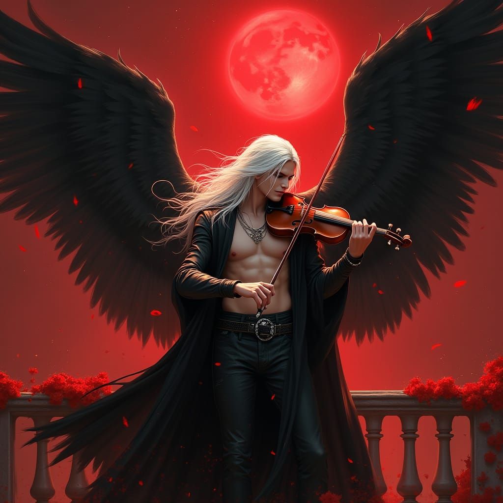 Fallen Angel Violinist in Scarlet Haze