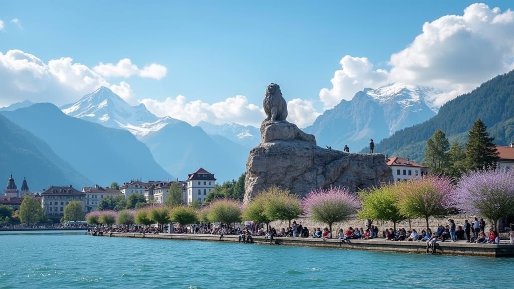 Swiss Alps Lion Monument in Serene Landscape