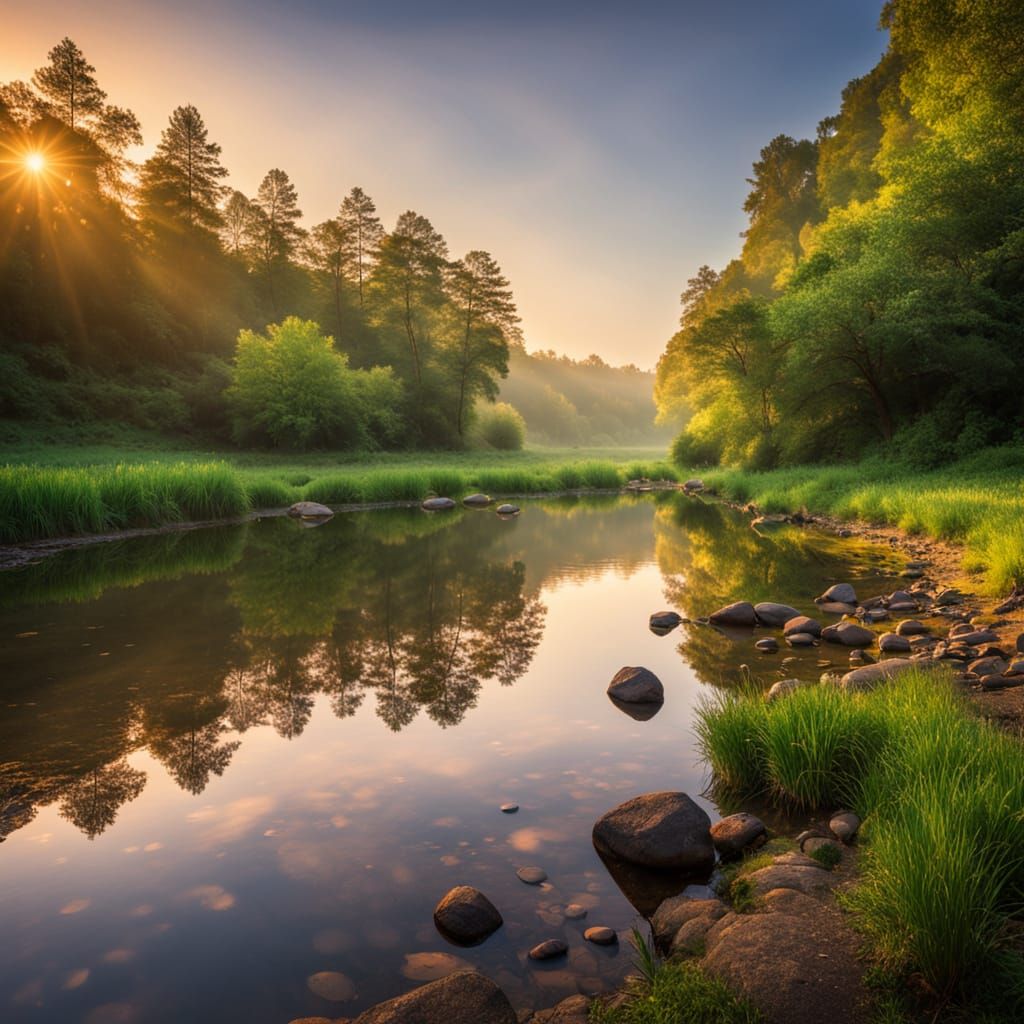 Serene River Landscape at Golden Hour