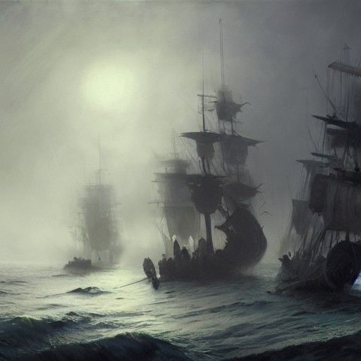 Eerie Ghost Pirate Fleet on Foggy Sea