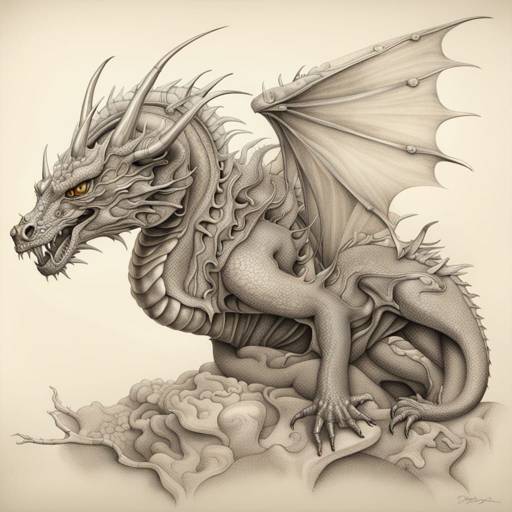 Detailed Anatomical Dragon Illustration in Ink Graphite
