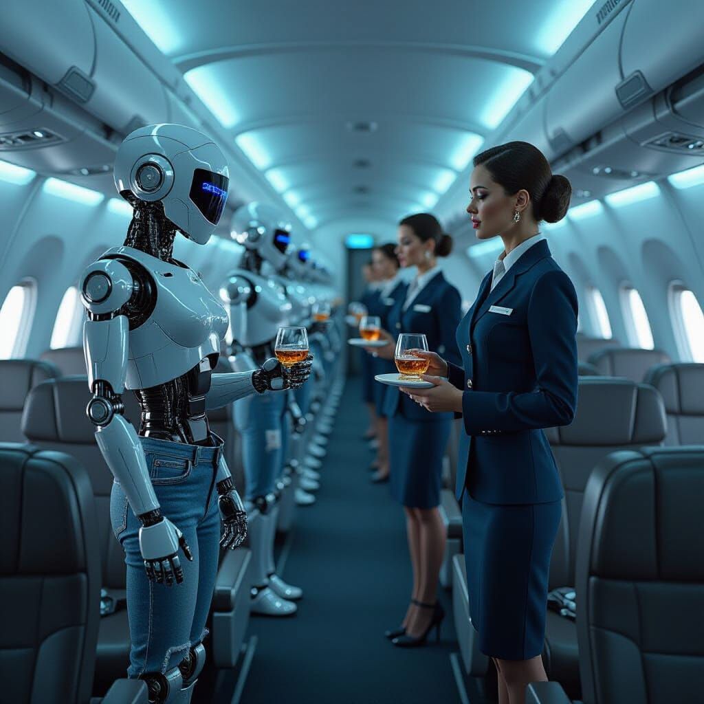 Robots on a Plane in Futuristic Style