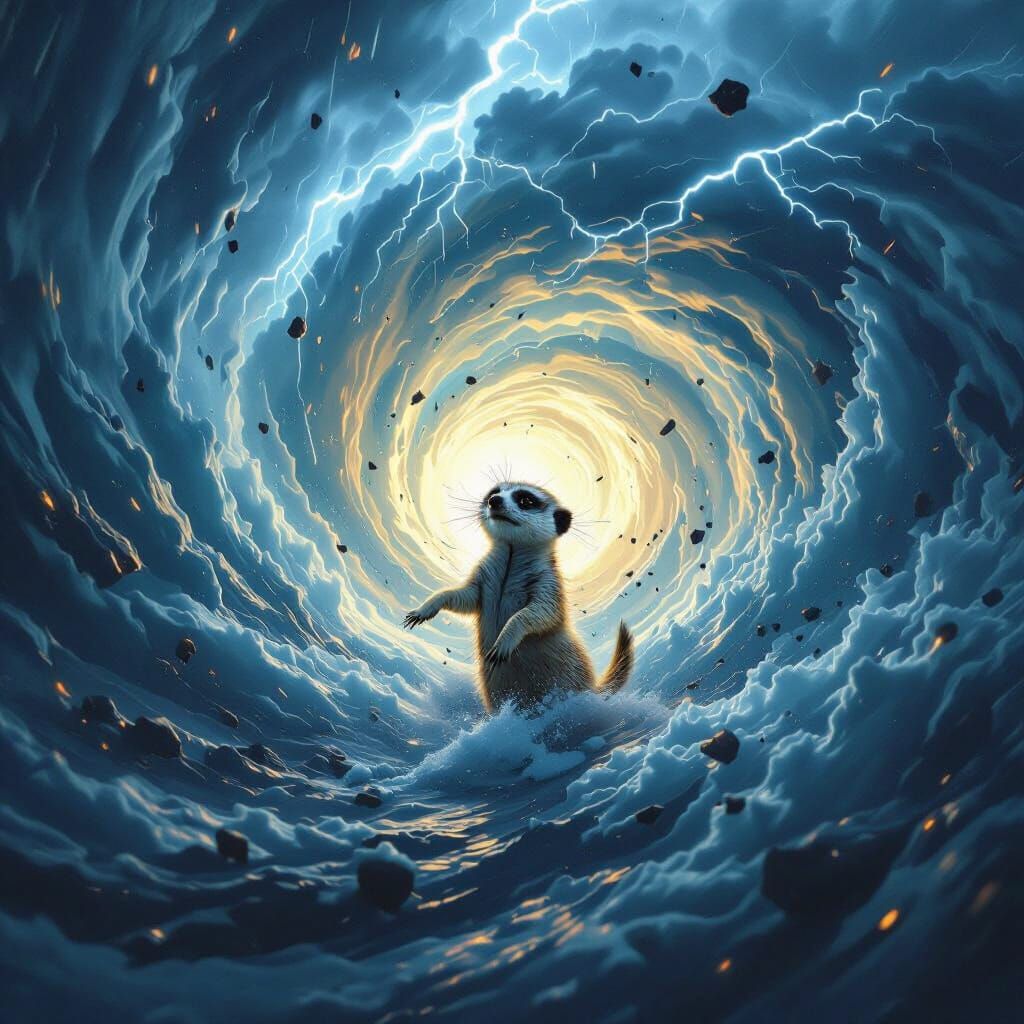 Meerkat Battles Chaotic Storm Vortex in Dramatic Digital Art