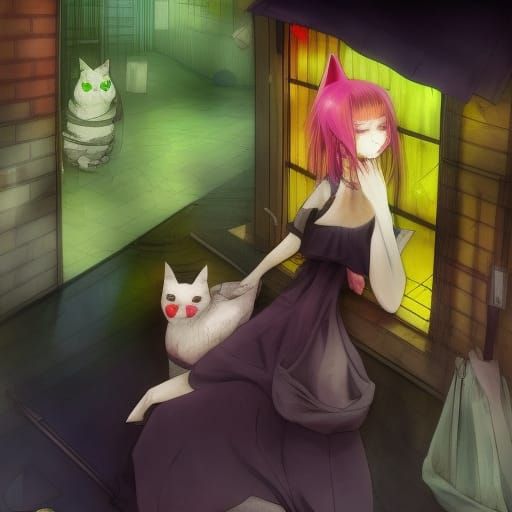 Cats in Surreal Watercolor Tenement Scene