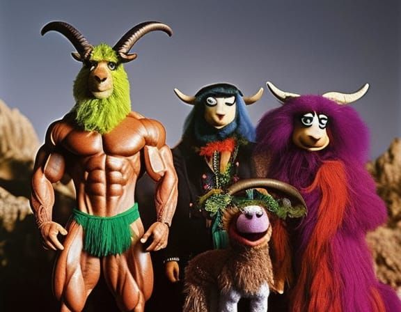 Hypermuscular Goat-Headed Baphomet with Muppet Maidens