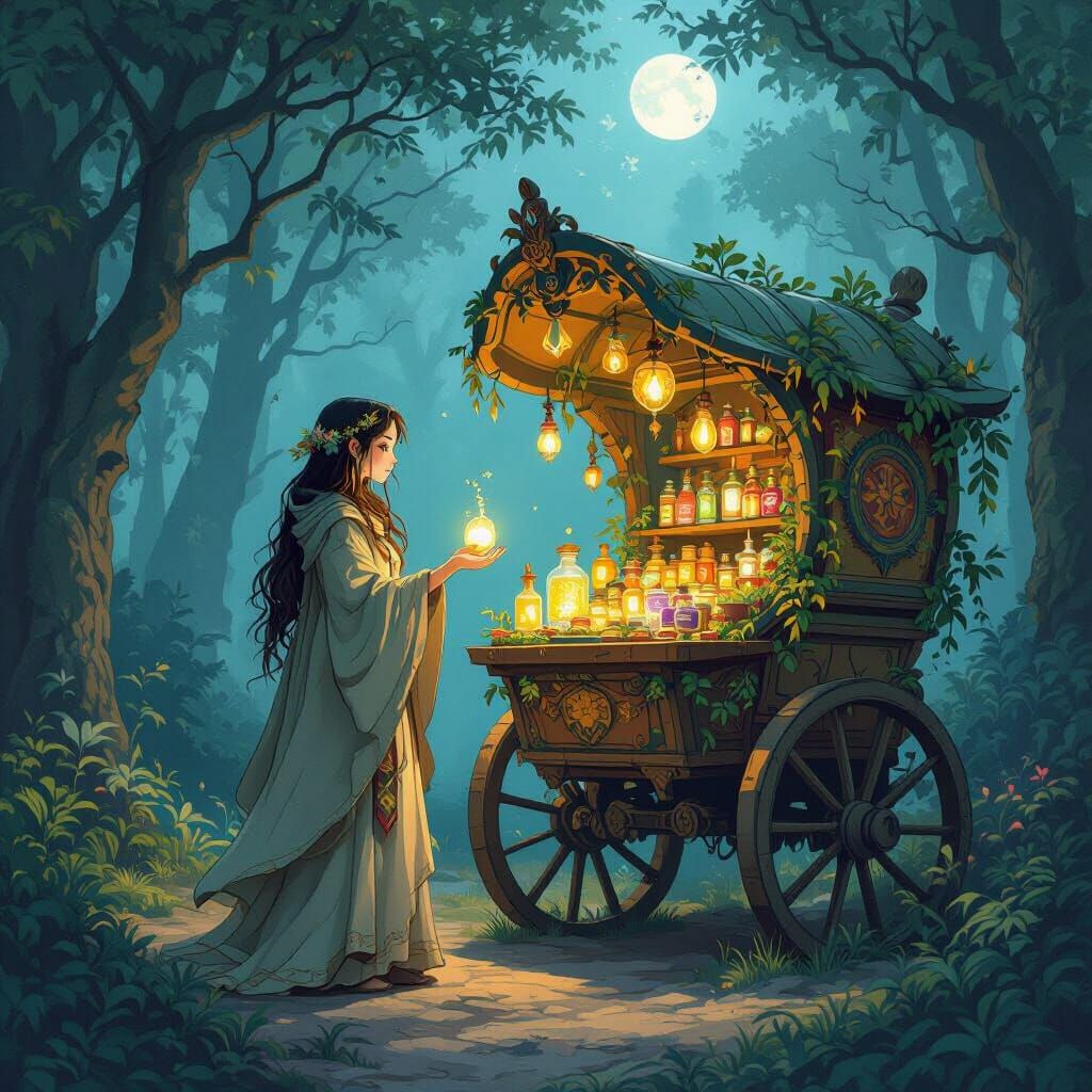 Moonlit Druid Offers Remedies, Ghibli-Inspired Forest Scene