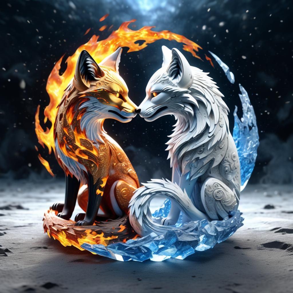 Dualistic Fire and Ice Fox in Hyperrealistic CGI