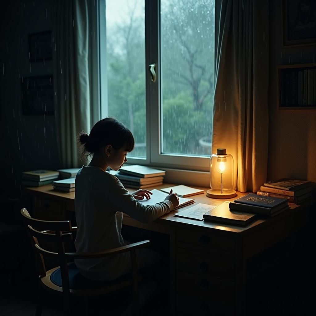 Girl Studying on Rainy Day: Cinematic Film Still
