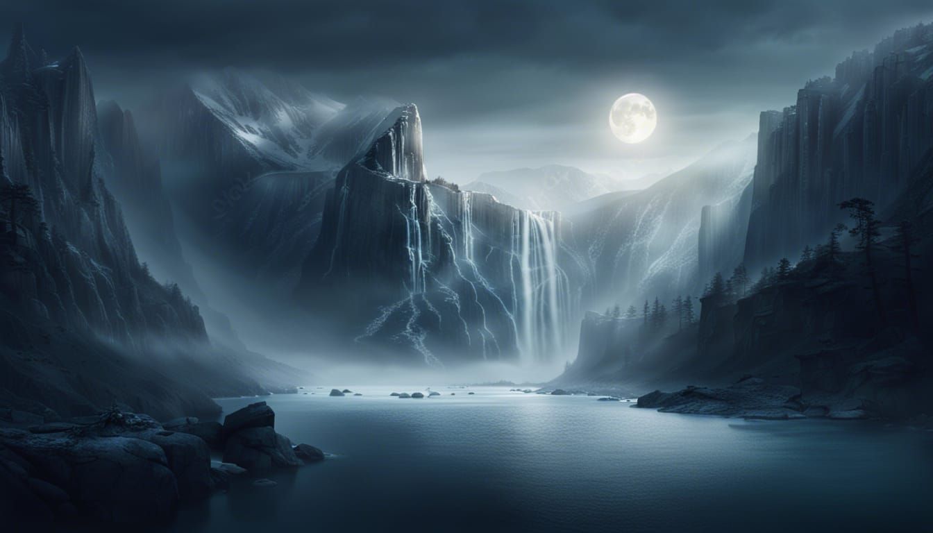 Ethereal Cliffs and Waterfalls in Atmospheric Digital Painti...