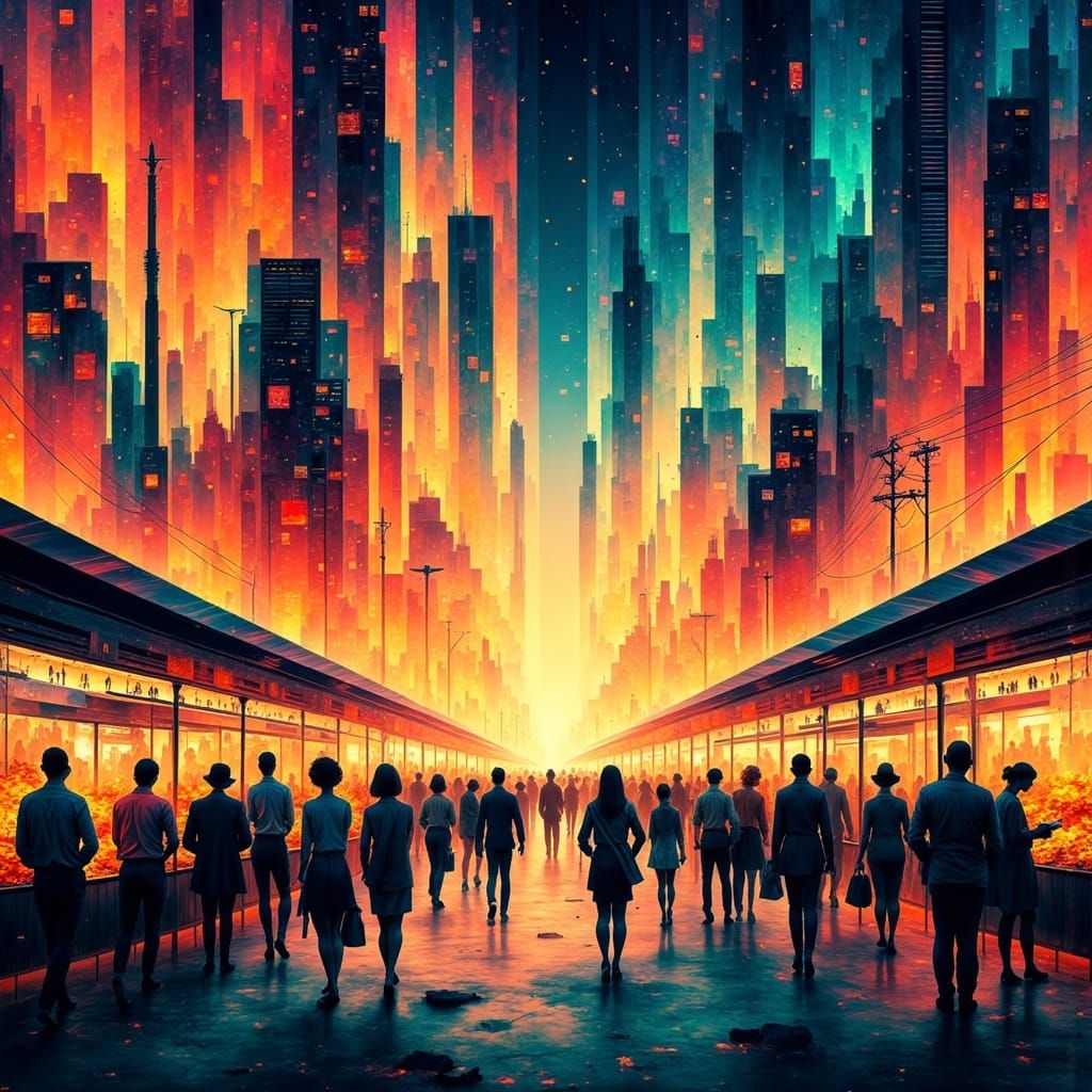 Abstract Twilight Marketplace with Geometric Shapes