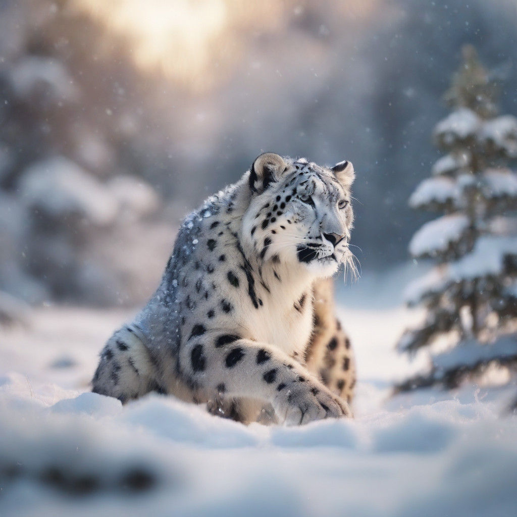 Snow Leopard Family in Enchanting Winter Wonderland Scene