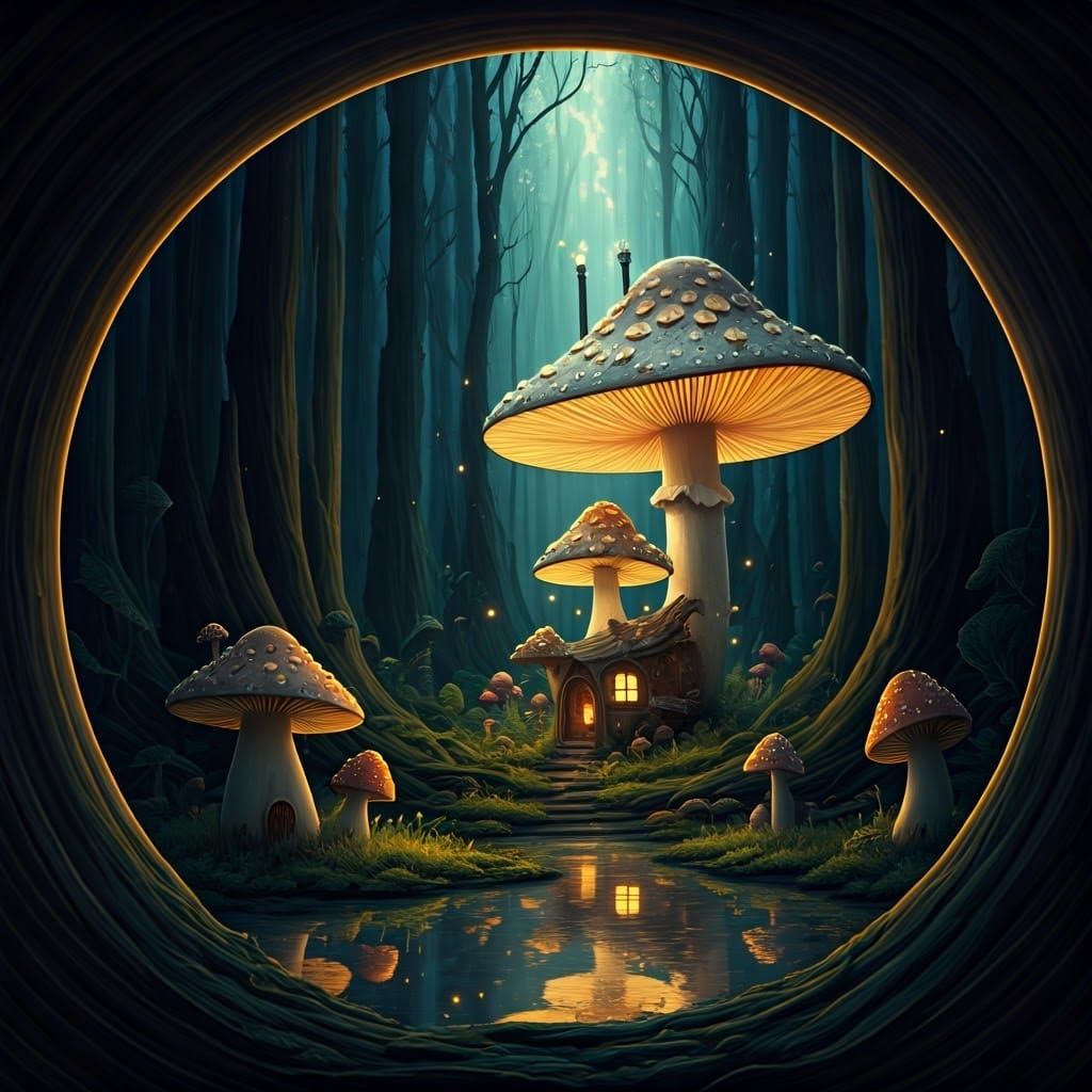 Whimsical Forest of Glowing Mushrooms in Dreamlike Watercolo...