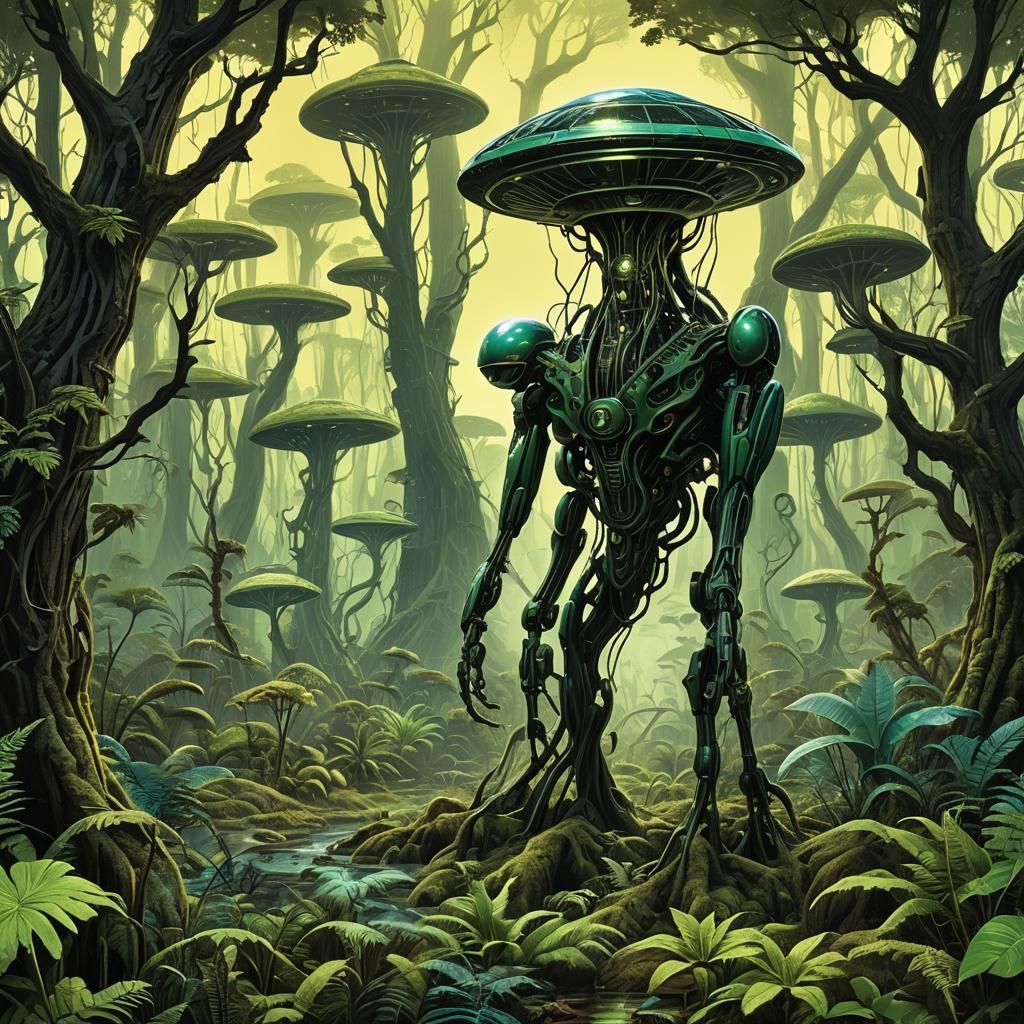 Alien Forest with Bioluminescent Flora: Mecha Style