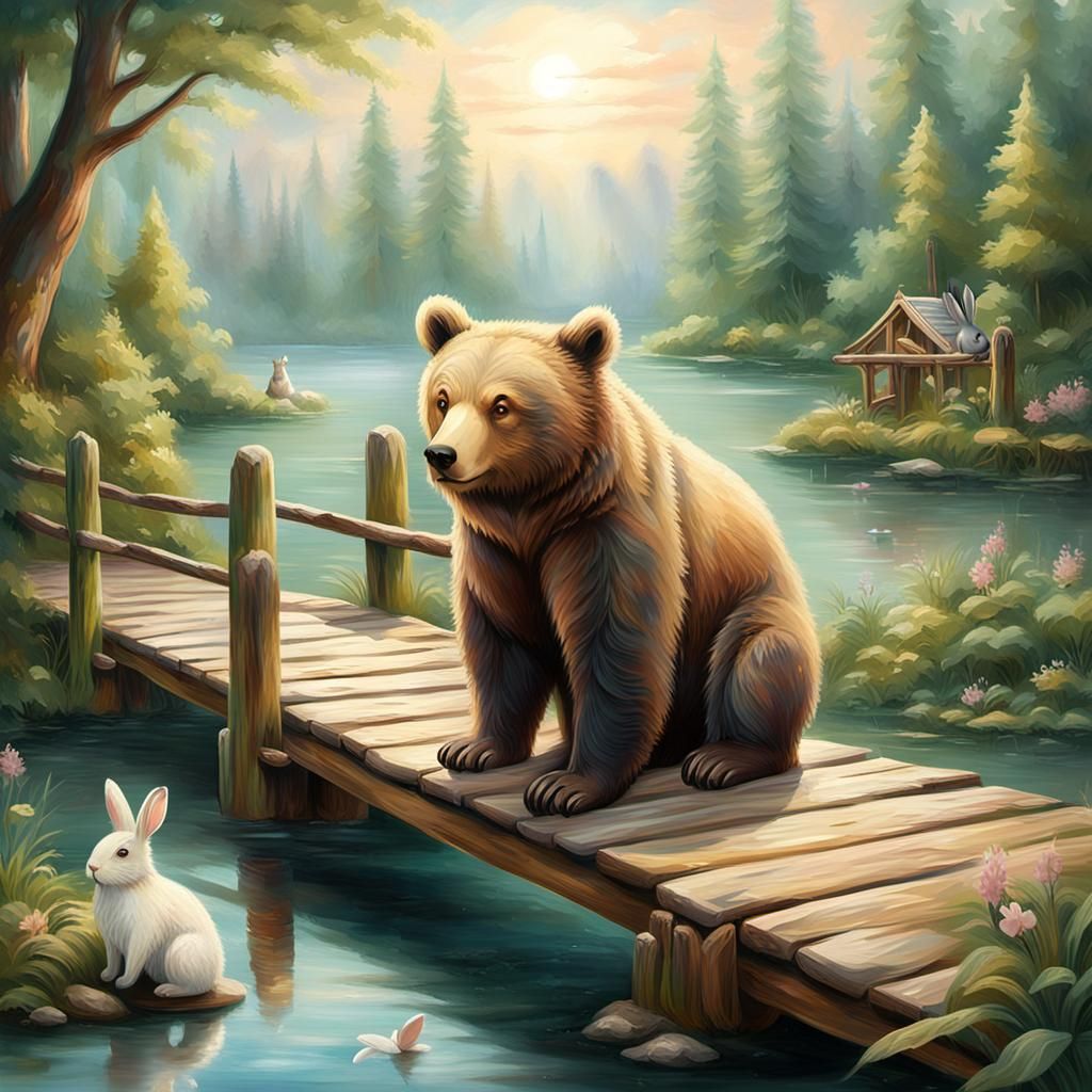 Gentle Bear and Rabbit in Dreamy Oil Painting Style