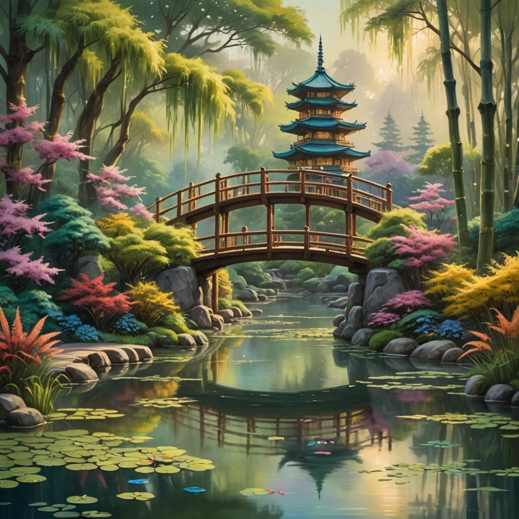 Japanese Bamboo Garden with Pagoda Statues in Fantasy Style