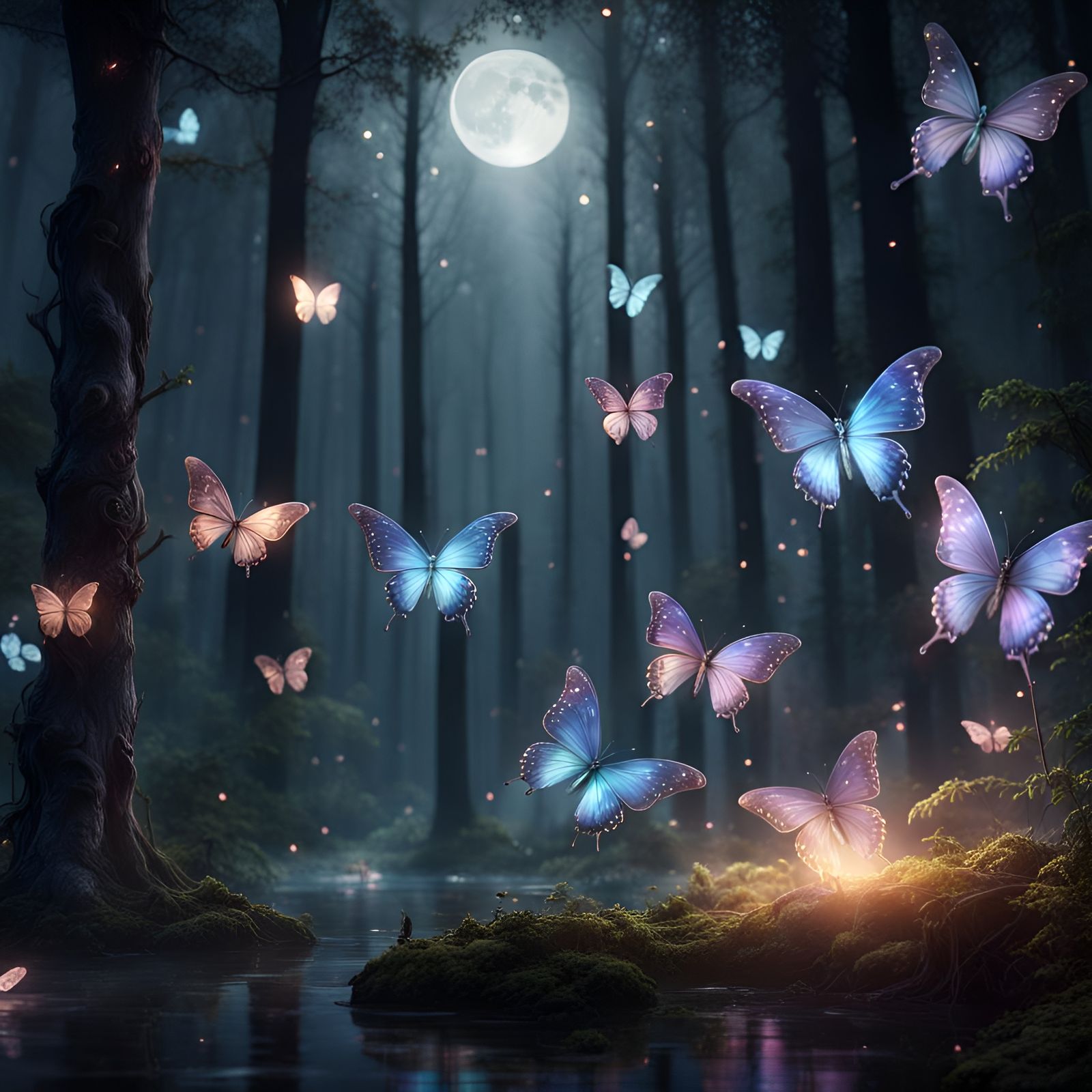 Magical Crystal Butterflies in Romantic Moonlight
