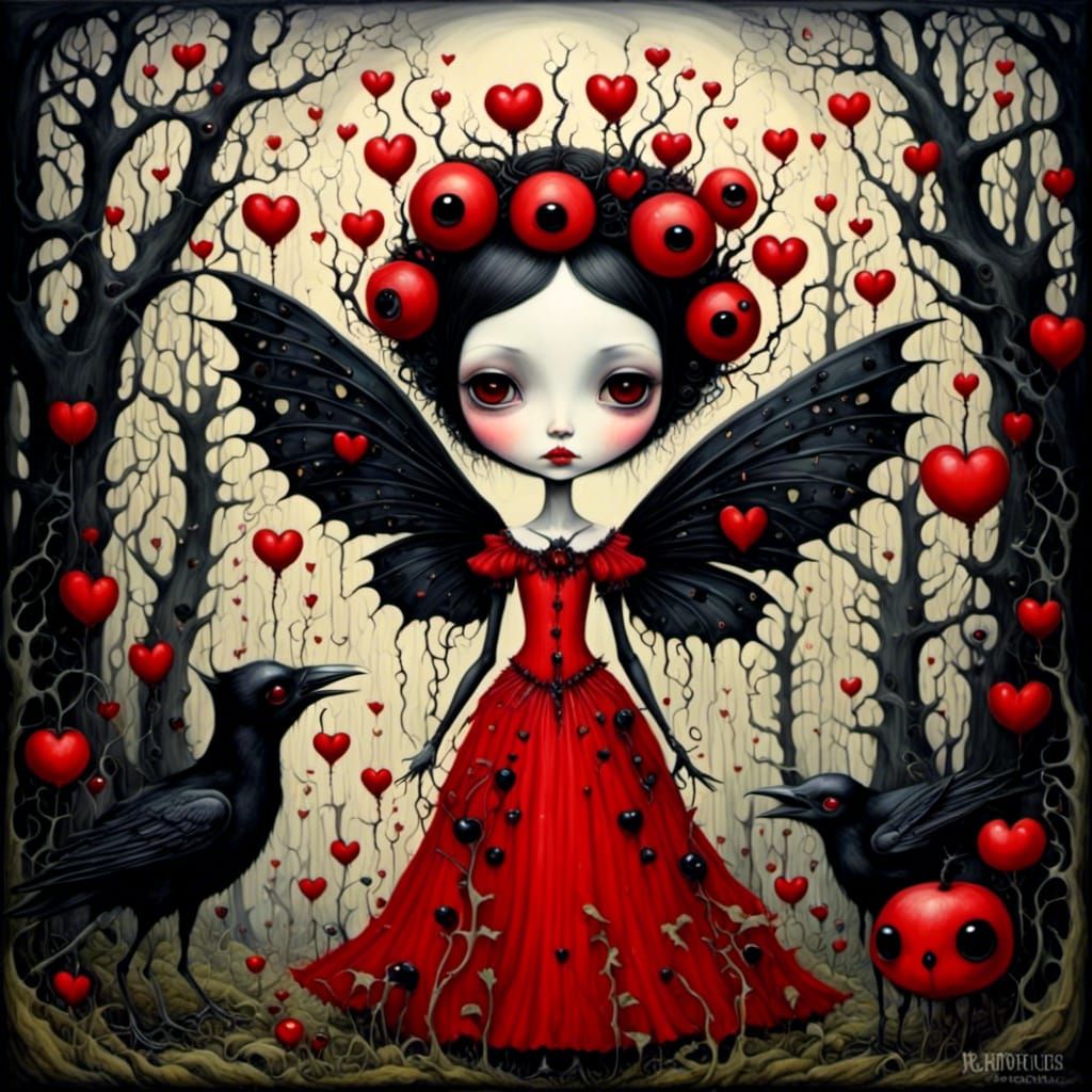 Crow Queen and Creature in Pop Surrealist Style